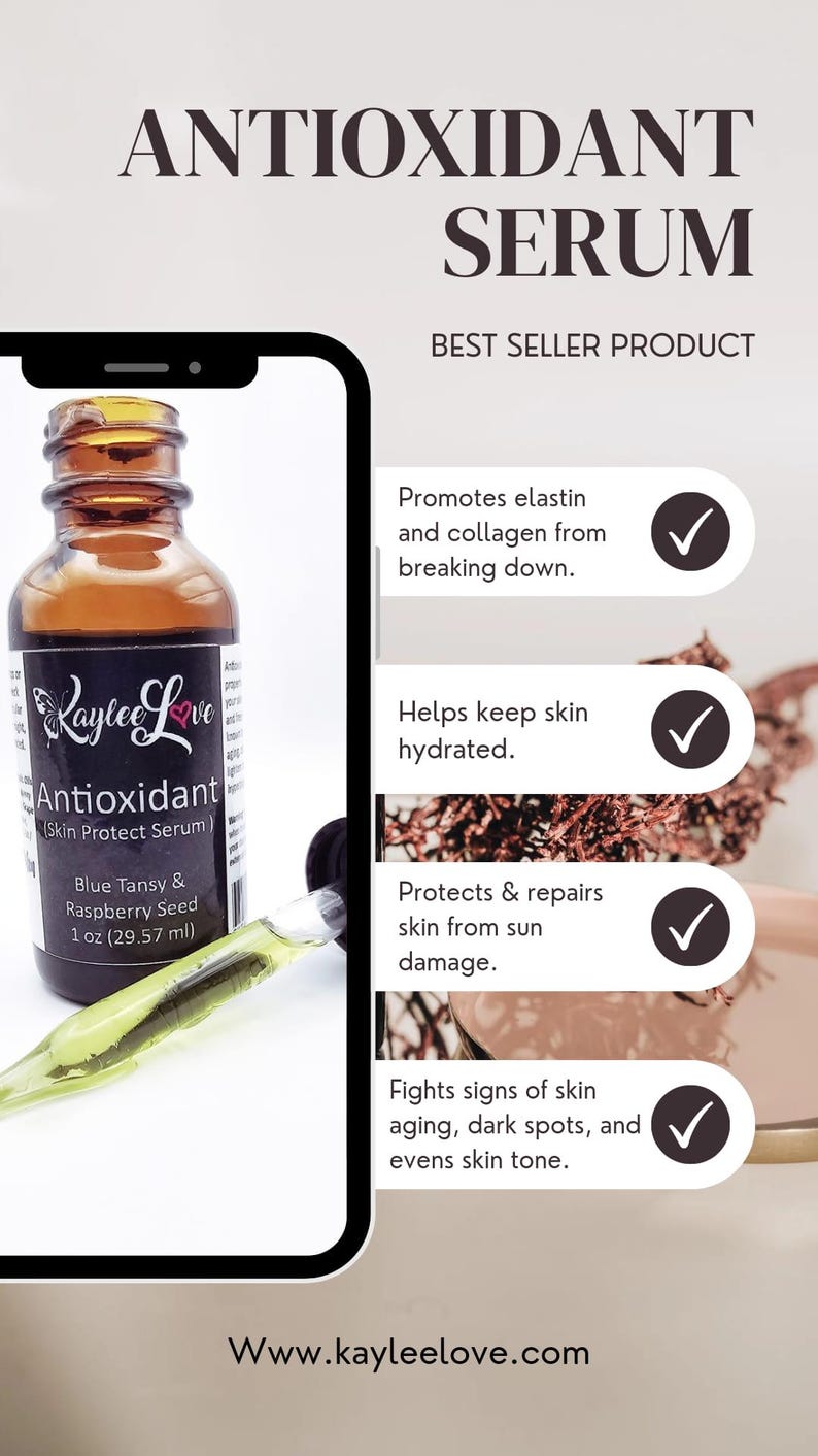 May include: A 1 ounce (29.57 ml) bottle of Kaylee Love Antioxidant Skin Protect Serum with a dropper. The bottle is clear glass with a black label and white text. The label says "Kaylee Love Antioxidant (Skin Protect Serum) Blue Tansy & Raspberry Seed 1 oz (29.57 ml)". The bottle is sitting on a white surface. The image also includes a list of benefits of the serum, including promoting elastin and collagen, keeping skin hydrated, protecting from sun damage, and fighting signs of aging.