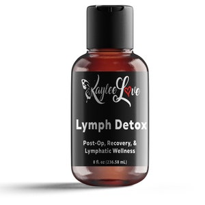 May include: A brown glass bottle with a black cap and label. The label says "Kaylee Love" with a butterfly and heart design. The bottle contains a liquid and the label also says "Lymph Detox", "Post-Op, Recovery, & Lymphatic Wellness", and "8 fl. oz (236.58 mL)".