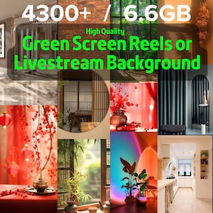 May include: A collection of over 4,300 high quality green screen video clips, totaling 6.6 GB, for use as livestream backgrounds or reels. The images show a variety of scenes, including a Japanese-style room with a sliding door, a room with a green curtain, a room with a window overlooking a garden, and a modern kitchen.
