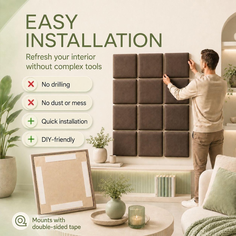 May include: A set of twelve square, dark brown upholstered wall panels arranged in a grid. The text reads EASY INSTALLATION, Refresh your interior without complex tools, No drilling, No dust or mess, Quick installation, DIY-friendly, Mounts with double-sided tape.