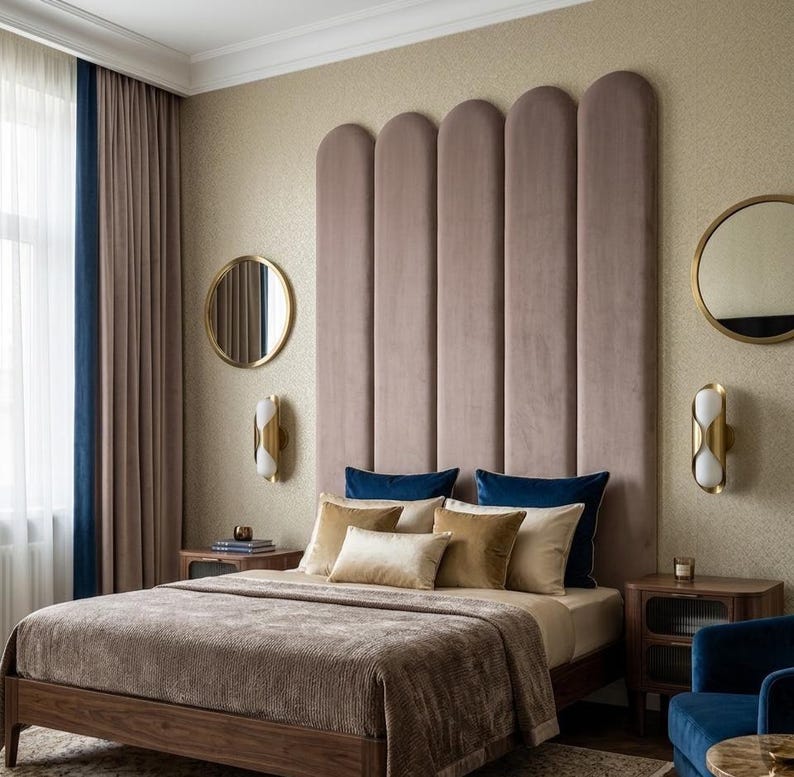 Scalloped Velour Headboard Set, Soft Vertical Wall Panels With Rounded ...