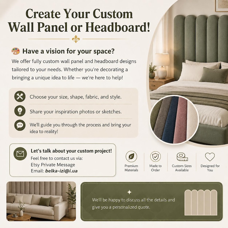 K&ouml;nnte beinhalten: Eine Werbegrafik f&uuml;r ma&szlig;gefertigte Wandpaneele und Kopfteile mit dem Text Create Your Custom Wall Panel or Headboard! und der E-Mail belka-izi@i.ua. Das Bild zeigt ein vertikal gestepptes Kopfteil in Salbeigr&uuml;n und ein passendes Sofa.