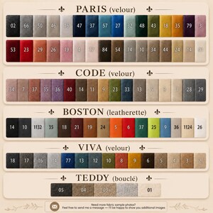 May include: A color swatch chart displaying fabric samples labeled PARIS velour, CODE velour, BOSTON leatherette, VIVA velour, and TEDDY boucl&eacute;. Each row features numbered rectangular swatches in various shades including black, blue, red, green, and beige.