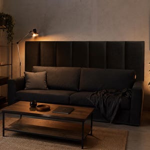 May include: A dark gray sofa with a tall, vertical-paneled headboard-style backrest, featuring two seat cushions, two back cushions, and a matching throw blanket. A rectangular wooden coffee table with a black metal frame sits in front.