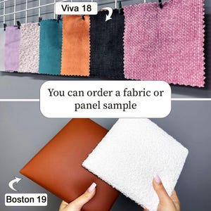 May include: A collection of fabric swatches in lavender, cream, teal, orange, black, and pink, with a white label reading Viva 18. Below, a smooth brown panel labeled Boston 19 and a white textured fabric sample are displayed with the text You can order a fabric or panel sample.
