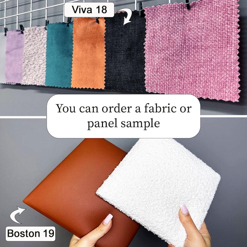 K&ouml;nnte beinhalten: Eine Sammlung von Stoffmustern in Lavendel, Creme, Blaugr&uuml;n, Orange, Schwarz und Pink mit einem wei&szlig;en Etikett mit der Aufschrift Viva 18. Darunter befinden sich eine glatte braune Platte mit der Aufschrift Boston 19 und ein wei&szlig;es, strukturiertes Stoffmuster mit dem Text You can order a fabric or panel sample.