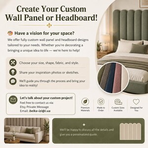 May include: A custom wall panel and headboard service advertisement featuring text Create Your Custom Wall Panel or Headboard! and contact details belka-izi@i.ua. The image displays a sage green vertical channel headboard and a matching sofa.