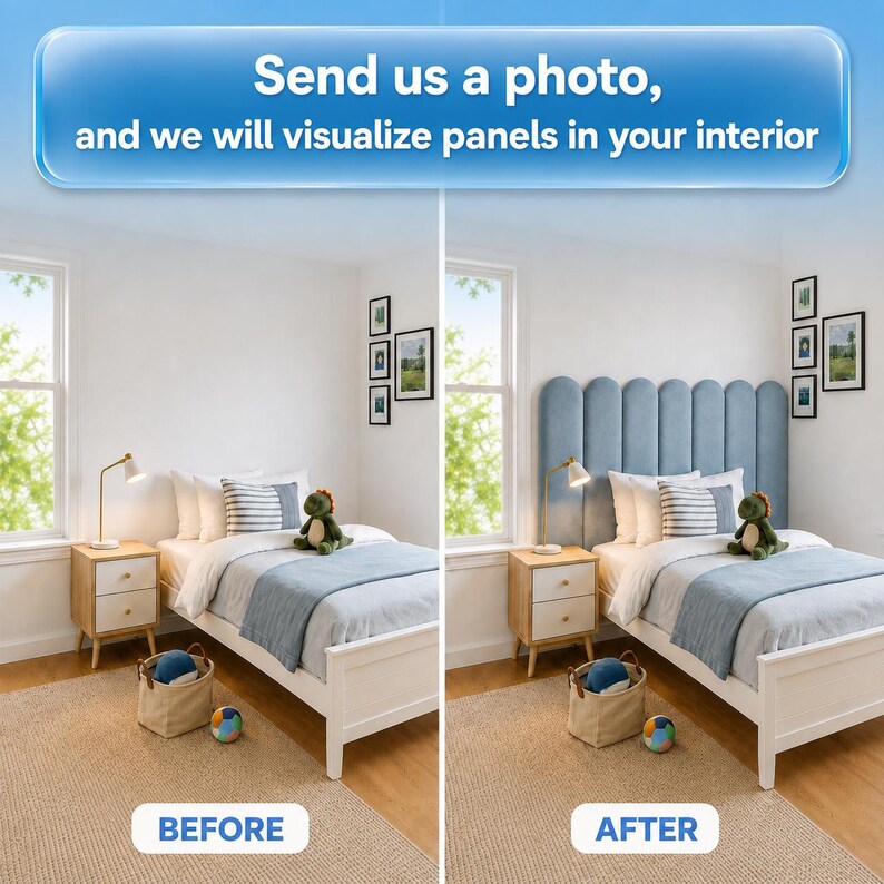May include: A split-screen comparison showing a bedroom before and after adding a light blue, scalloped-edge upholstered headboard. The text at the top reads: Send us a photo, and we will visualize panels in your interior. Labels read: BEFORE and AFTER.