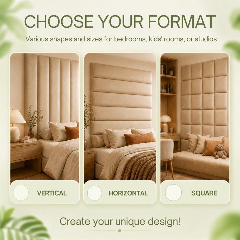 K&ouml;nnte beinhalten: Eine Darstellung mit drei Formaten f&uuml;r beige gepolsterte Kopfteile: vertikale Paneele, horizontale Paneele und quadratische Kacheln. Der Text lautet CHOOSE YOUR FORMAT, Various shapes and sizes for bedrooms, kids' rooms, or studios, VERTICAL, HORIZONTAL, SQUARE, Create your unique design!