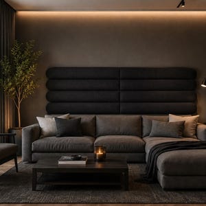 May include: A dark gray sectional sofa with a chaise lounge, featuring a large black horizontal tufted headboard wall panel. The set includes a dark wood coffee table, a matching armchair, a side table, and a black throw blanket.