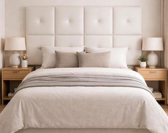 Tufted Upholstered Wall Panels, White Padded Headboard Tiles with Decorative Buttons, Custom Fabric Bedroom Accent Wall, Elegant Home Decor