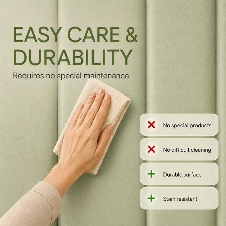 K&ouml;nnte beinhalten: Eine salbeigr&uuml;ne Paneeloberfl&auml;che mit dem Text EASY CARE & DURABILITY, Requires no special maintenance, No special products, No difficult cleaning, Durable surface und Stain resistant, gezeigt mit einem beigen Tuch beim Abwischen.