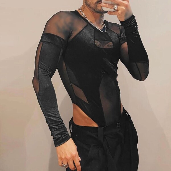 Mesh Patched Mesh Jumpsuit Mens Bodysuit With Detailed Center Long Sleeve Glove High Collar Turtle Neck