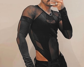 Mesh Patched Mesh Jumpsuit Mens Bodysuit With Detailed Center Long Sleeve Glove High Collar Turtle Neck