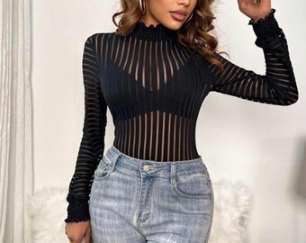 Woman’s Stripped Mesh Bodysuit Top Full Body Outfit Jumpsuit Clubbing Rave Streetwear