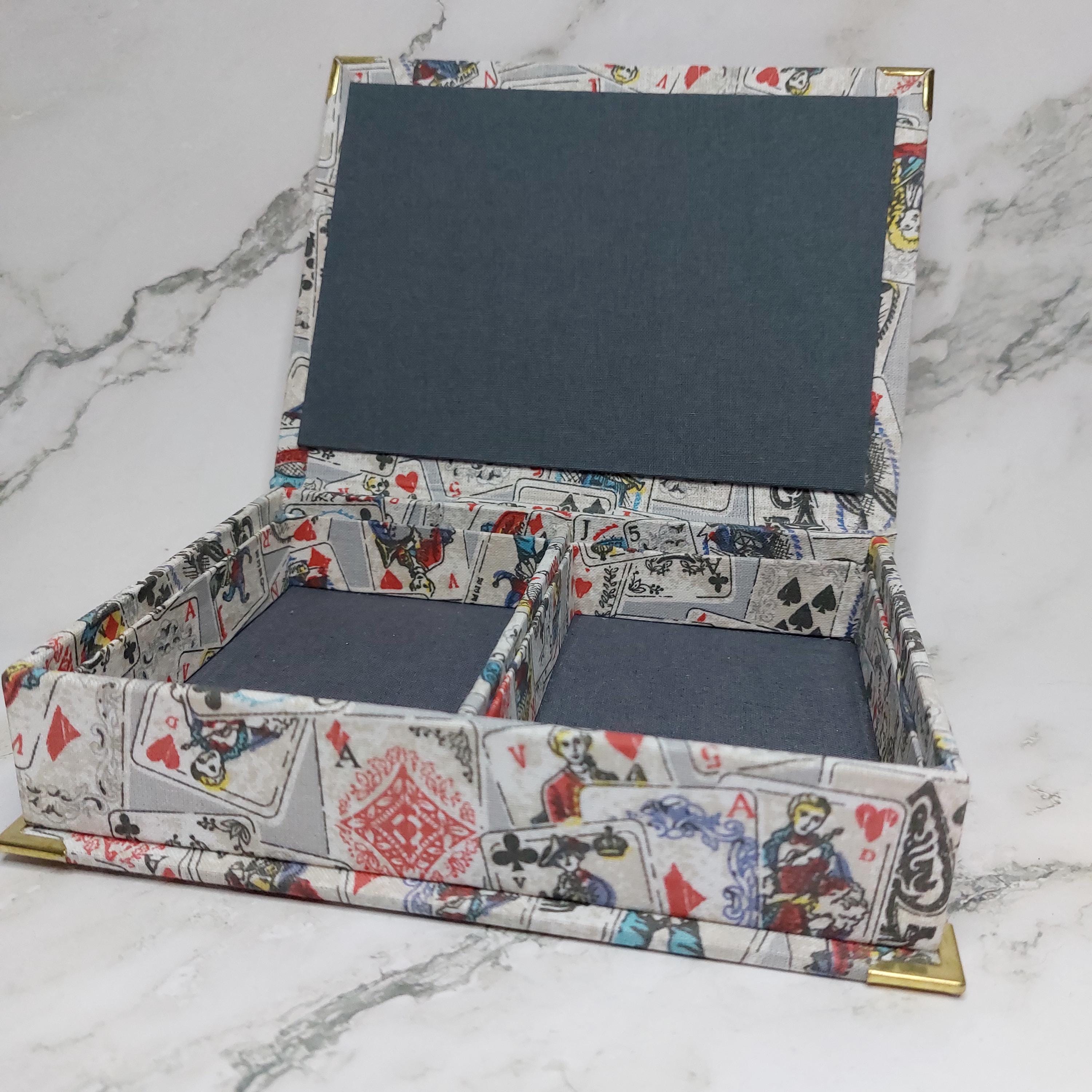 Printed Fabric Card Game Box - Compartments for 2 Decks or Decks + Tokens - Stylish Storage Box for Playing Cards
