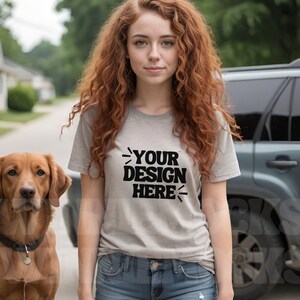 Bella Canvas 3001 Athletic Heather Tshirt Mockup with Dog | 3001 Grey T-shirt Mockup | Model Mock |  Aesthetic  Grey Bella Canvas Tee Shirt