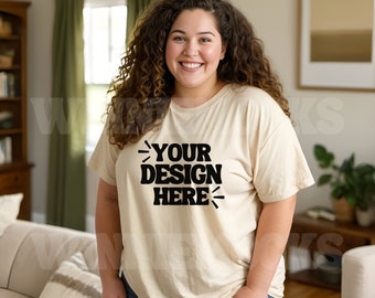 Plus Size Female Comfort Colors C1717 Ivory Mockup, 1717 Ivory Mockup, Plus Size TShirt Mockup, Trendy Boho Oversized T Shirt Mockup