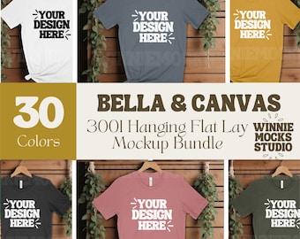 Bella Canvas 3001 Hanging Tshirt Mockup Bundle | 3001 Shirt Mock-up Bundle | Flat Lay Mock | Boho Neutral Bella Canvas T-Shirt Mockups
