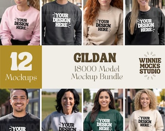Gildan 18000 Sweatshirt Mockup Bundle | G180 Crewneck Mock-up Bundle | Model Mockup | Neutral Casual Simple Fall Winter Gildan 18000 Mocks
