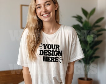 Comfort Colors C1717 White Mockup, 1717 White Mockup, Female Model Tshirt Mockup, Cute Shirt Mockup, Trendy Oversized T Shirt Mockup