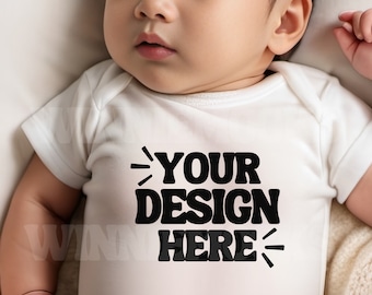 Simple White Sleeping Baby Newborn Onesie Mockup | Rabbit Skins 4400 White Short Sleeve Bodysuit Mockup 4400 White  Infant Baby Mock