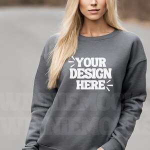 Gildan 18000 Dark Grey Heather Sweatshirt Mockup | G180 Grey Crewneck Mockup | Gildan 18000 Model Mock | Crewneck Pullover Mock POD | Simple