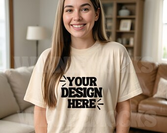 Comfort Colors C1717 Ivory Mockup, 1717 Ivory Mockup, Female Model Tshirt Mockup, Cute Shirt Mockup, Trendy Oversized T Shirt Mockup