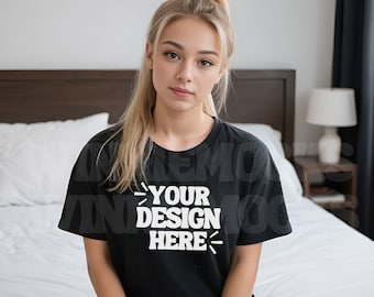 Bella Canvas 3001 Black Tshirt Mockup | 3001 Black T-shirt Mockup | Red Hair Model Mock | Simple Basic Aesthetic Cozy Bella Canvas Shirt