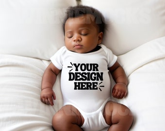 Baby Mockup | Rabbit Skins 4400 White Short Sleeve Bodysuit Mockup | 4400 White T-shirt Mockup | Simple Infant Black Baby Model Mockup