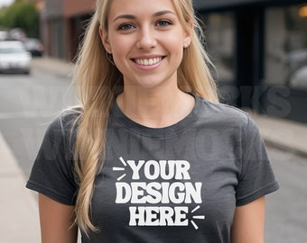 3001 Dunkelgrau Heather T-Shirt Mockup | Bella Canvas 3001 Grau Tshirt Mockup | Weibliches Modell Mock | Einfaches Basic Aesthetic Bella Canvas Shirt