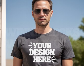 3001 Dark Grey Heather T-shirt Male Model Mockup  | Bella Canvas 3001 Tshirt Mockup | Model Mock | Simple Dark Gray Bella Canvas Shirt