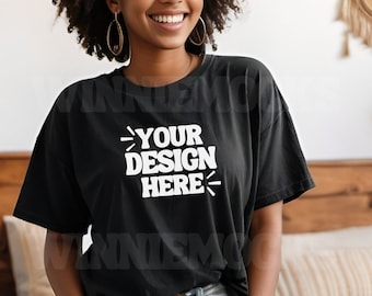 Black Female Comfort Colors Simple C1717 Black Mockup, 1717 Black Mock, Tshirt Mockup on Bed, Cute Mockup, Trendy Oversized TShirt Mock