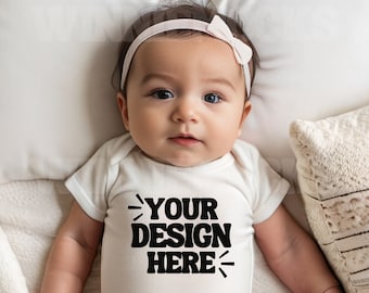 White Baby Newborn Onesie Mockup | Rabbit Skins 4400 White Short Sleeve Bodysuit Mockup | 4400 White T-shirt Mockup Simple Infant Baby Mock