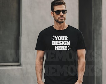 Bella Canvas 3001 Black Tshirt Mockup | 3001 Black T-shirt Mockup | Male Model Mock | Simple Basic Neutral Sunglasses Bella Canvas Shirt