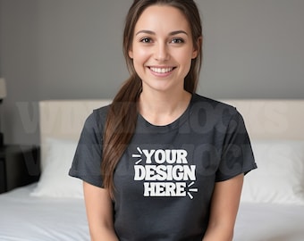Bella Canvas 3001 Grau Tshirt Mockup | 3001 Dunkelgrau Heather T-Shirt Mockup | Weibliches Modell Mock | Einfaches Basic Aesthetic Bella Canvas Shirt