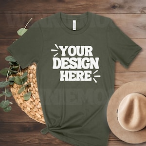 MILITARY GREEN Bella Canvas 3001 Flatlay Mockup | Boho Flat Lay Tshirt Mock-up | Bella and Canvas T-shirt Flatlay Mockup | POD Tee Photo
