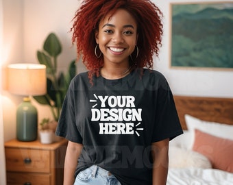 Black Female Comfort Colors Boho C1717 Black Mockup, 1717 Black Mock, Tshirt Mockup on Bed, Cute Shirt Mockup, Trendy Oversized TShirt Mock