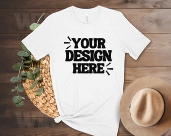 WHITE Bella Canvas 3001 Flatlay Mockup | Boho Flat Lay Tshirt Mock-up | Bella and Canvas T-shirt Flatlay Mockup | POD Tee Photo