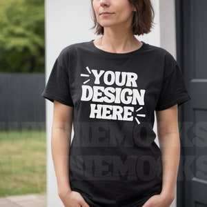 Bella Canvas 3001 Black Tshirt Mockup | 3001 Black T-shirt Mockup | Model Mock | Simple Basic Neutral Aesthetic Cozy Bella Canvas Shirt