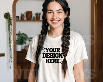 1717 White Mockup, Comfort Colors C1717 White Mockup, Braided Female Model Tshirt Mockup, Cute Shirt Mockup, Trendy Oversized T Shirt Mockup