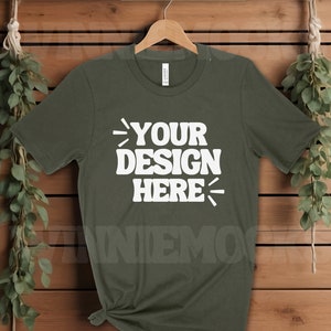 3001 MILITARY GREEN Mockup | Bella Canvas 3001 Hanging Mockup | Green T-shirt Photo | Boho Hanging Tshirt Mock-up Bella and Canvas Flatlay