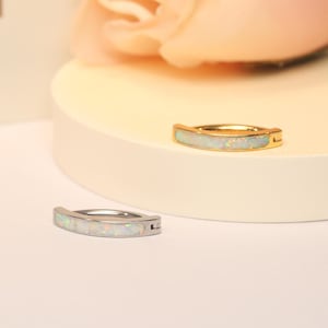 Puede incluir: Dos pendientes de aro con incrustaciones de ópalo blanco. El aro de la izquierda es de plata y el de la derecha es de oro.