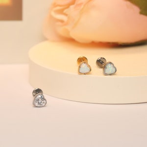 Cute Love Heart Opal/Zircon Piercing Jewelry 16G 18G Conch Lip Stud Medusa Piercing Jewelry Titanium Flat Back  6mm 8mm 10mm Nose Stoud