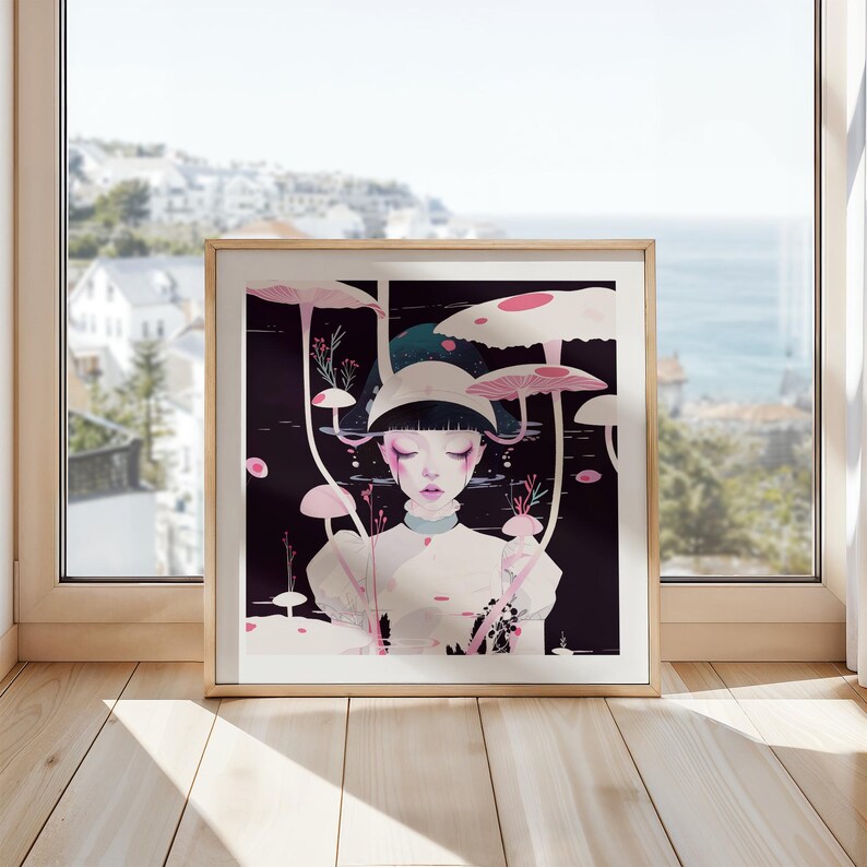 May include: A framed art print depicting a surreal illustration of a person amidst large, stylised mushrooms. The artwork has a dark background with pink and white mushroom caps, creating a serene, dreamlike atmosphere. The frame is a light wood colour.