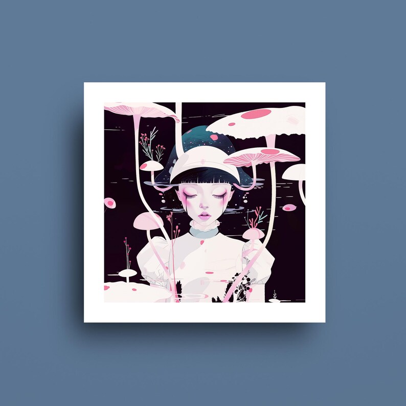 May include: An art print depicting a person with closed eyes amidst stylized pink mushrooms and aquatic plants. The artwork has a dark background with a dreamy, ethereal quality. The person is wearing a white dress and hat.