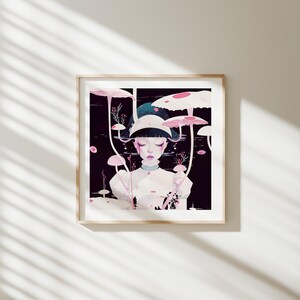 May include: A framed art print with a surreal illustration. The artwork shows a person with closed eyes amidst stylized pink mushrooms on a dark backdrop. The person is dressed in white with a hat. The print is in a light-coloured wooden frame.