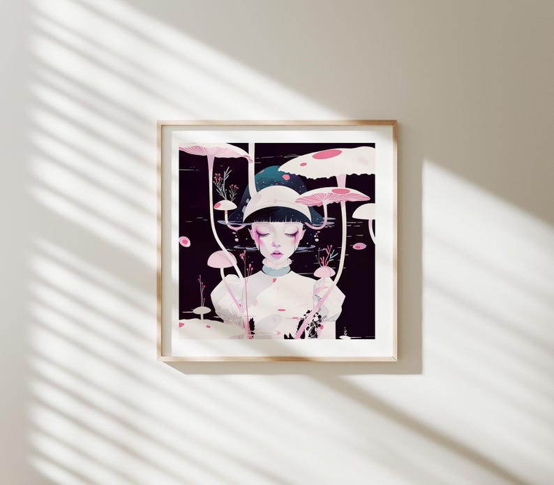 May include: A framed art print with a surreal illustration. The artwork shows a person with closed eyes amidst stylized pink mushrooms on a dark backdrop. The person is dressed in white with a hat. The print is in a light-coloured wooden frame.