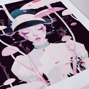 May include: A watercolour illustration of a person with closed eyes, surrounded by pink mushrooms and plants. The person wears a white outfit and a white cap. The background is dark with splashes of colour.