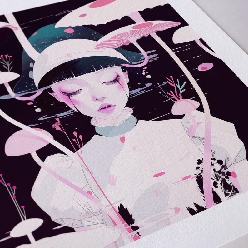 May include: A watercolour illustration of a person with closed eyes, surrounded by pink mushrooms and plants. The person wears a white outfit and a white cap. The background is dark with splashes of colour.